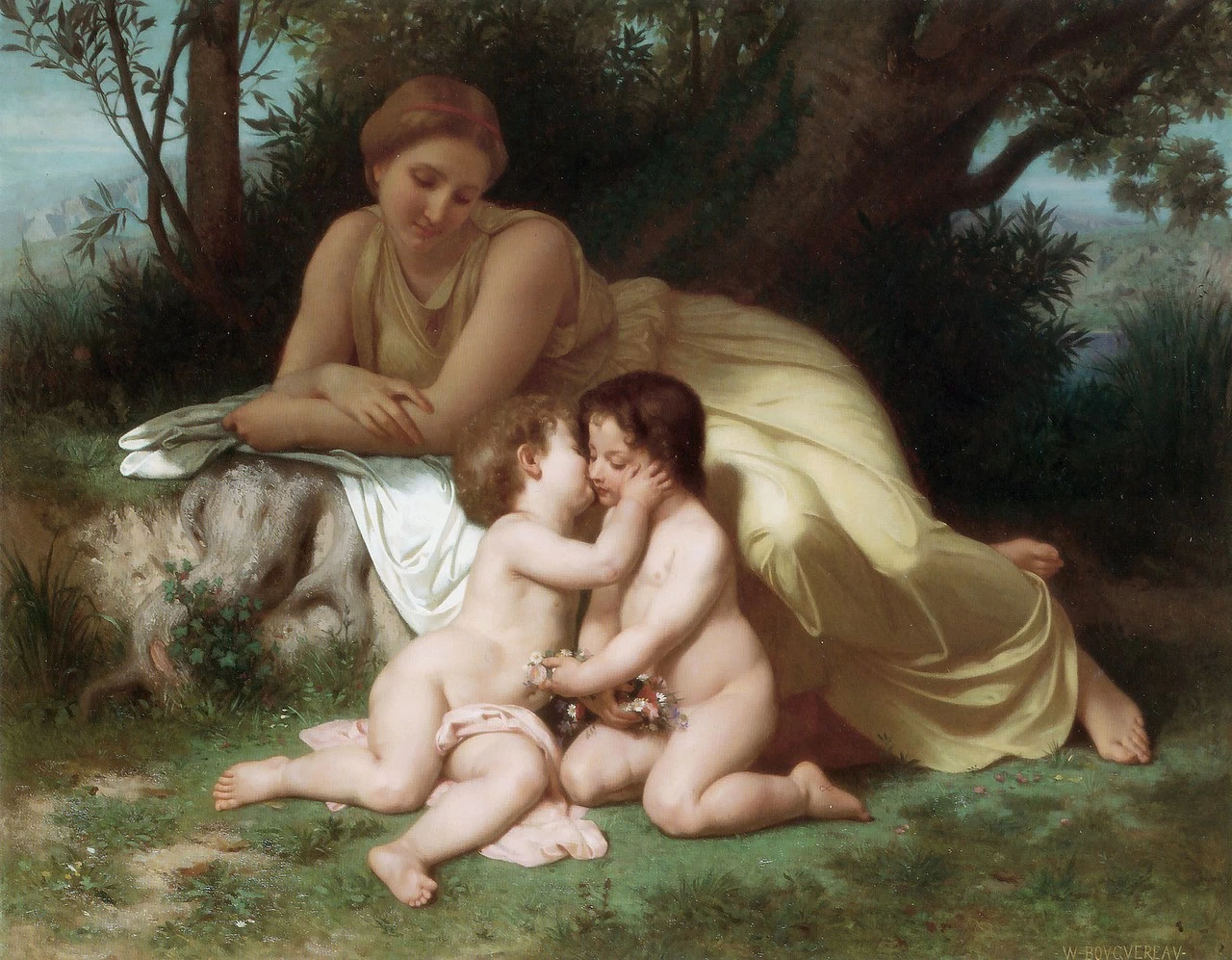Giovane donna che contempla due bambini abbracciati (1861)